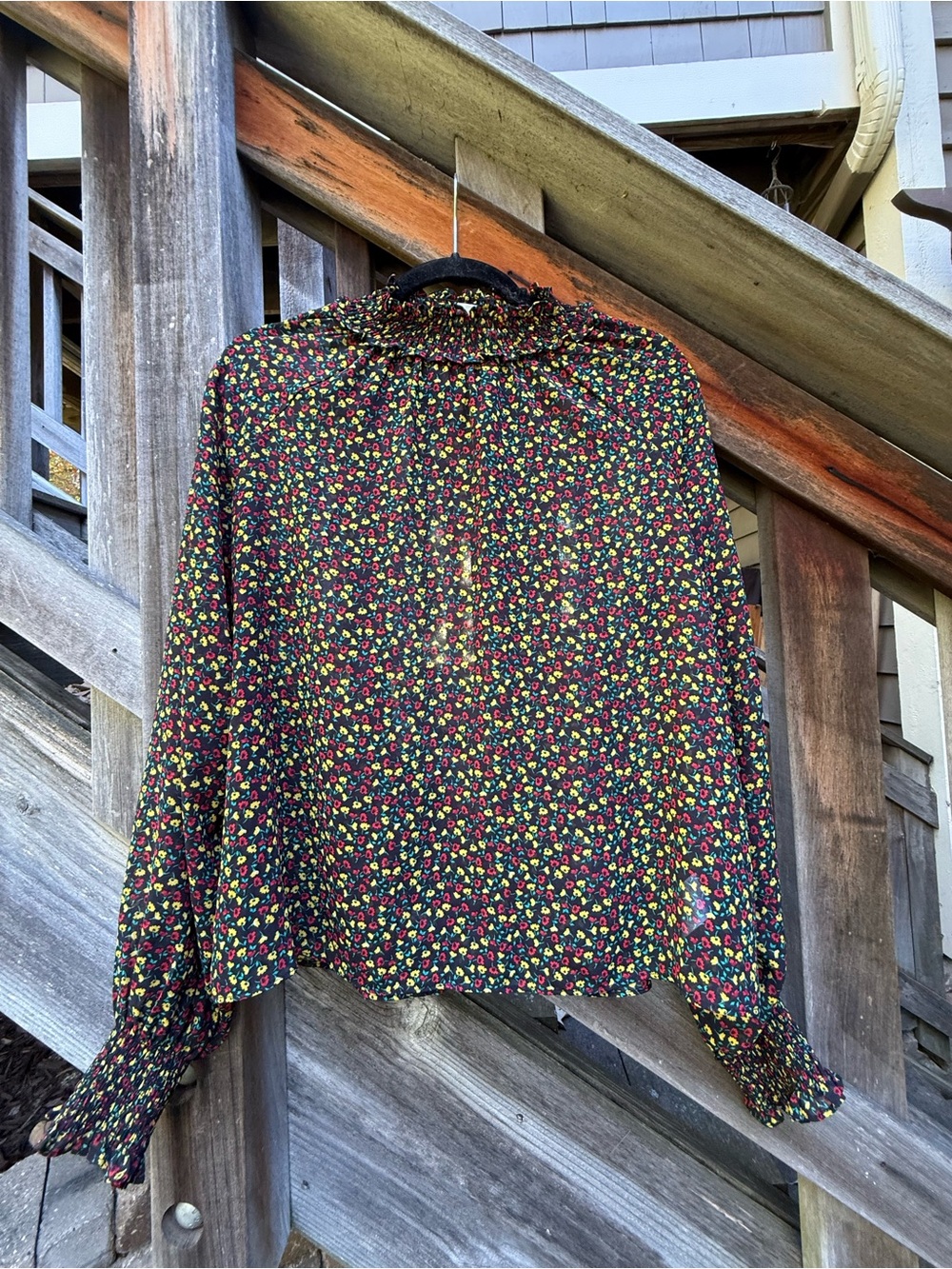 Women’s Sheer Floral Long-Sleeve Blouse - Black with Multicolor Floral